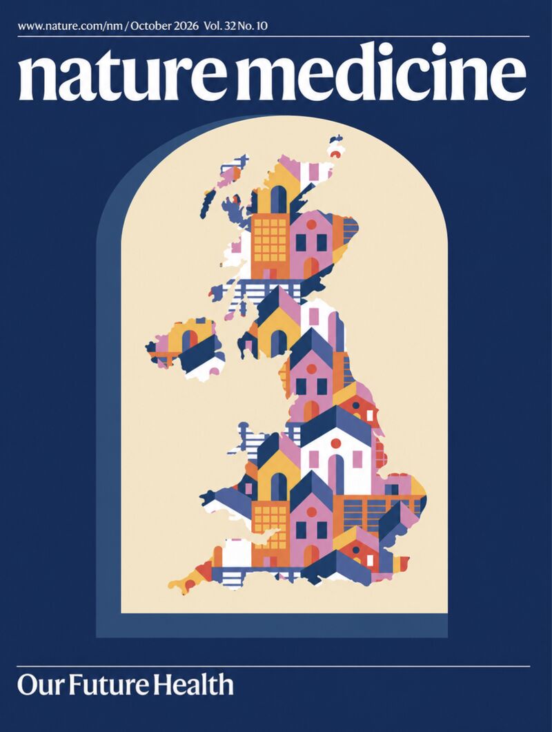 October 2026 cover of Nature Medicine, featuring colourful illustrations of houses and buildings arranged in the shape of the United Kingdom within an arched window, representing the diverse households participating in the Our Future Health study.