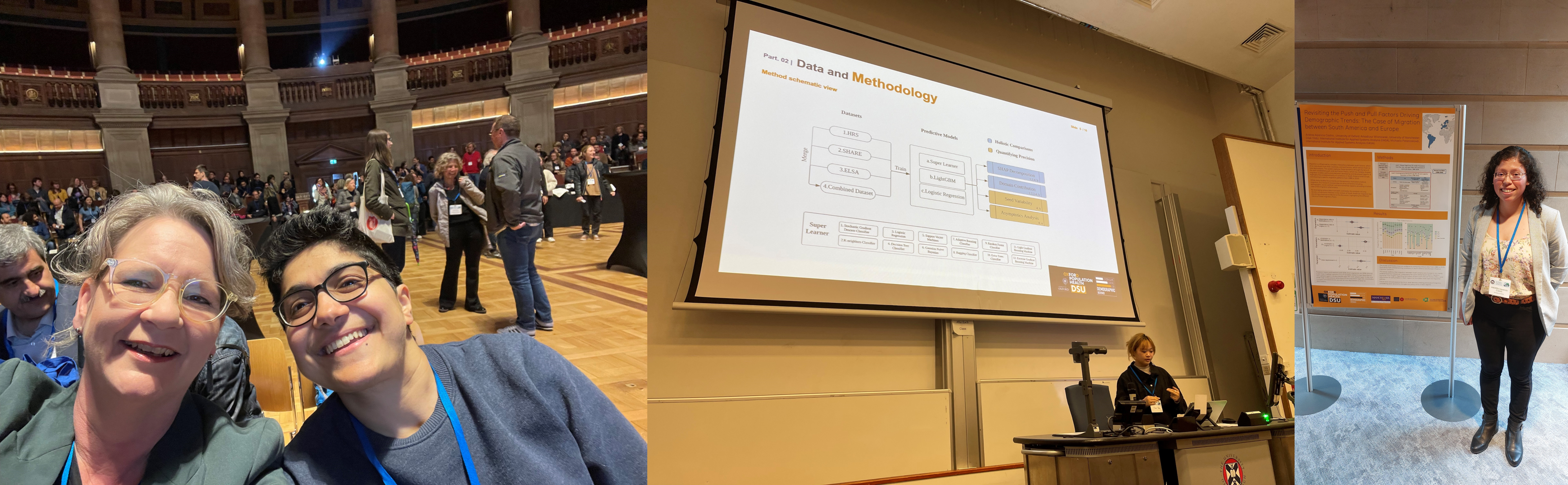 From left to right: Professors Melinda Mills and Ridhi Kashyap at the EPC opening ceremony, Jiani Yan presenting at a session, and Andrea Aparicio Castro presenting at a poster session.