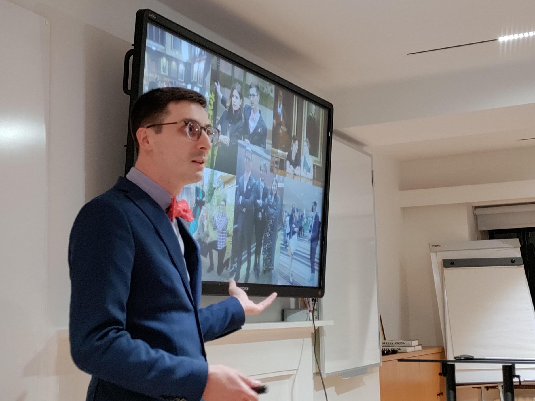 Pictured Dr. Antonino Pollizi describing his work and experience during his DPhil times at LCDS, Oxford and Nuffield College