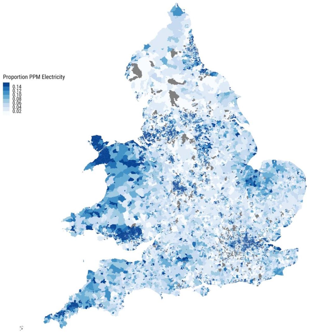 Figure 1 of study: Subnational (Lower Layer Super Output Area) percentages of prepayment electricity meters in England and Wales 