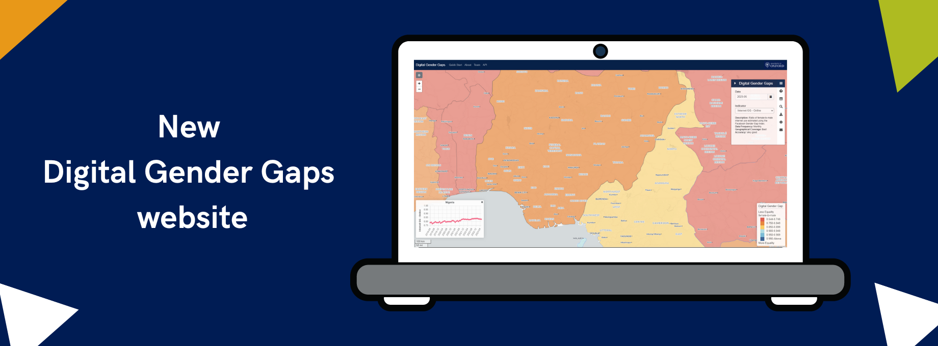 Laptop showing new platform with text 'New Digital Gender Gaps website'