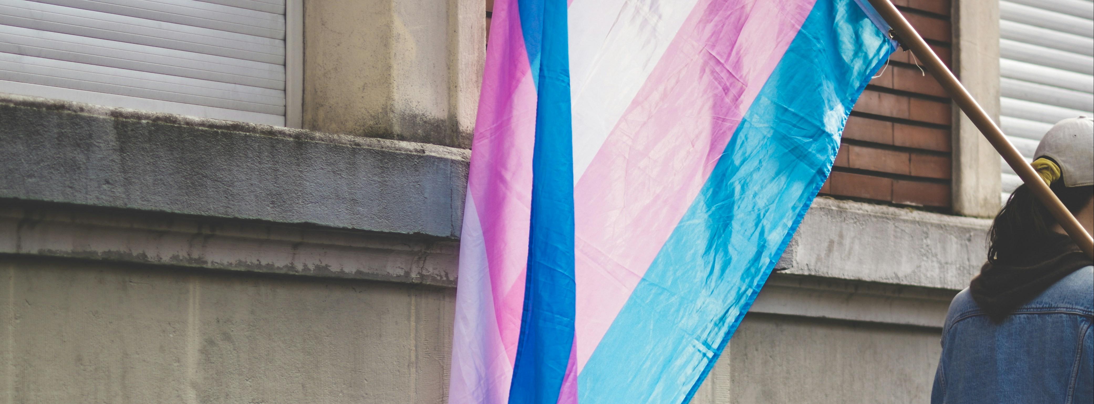 Individual carrying a transgender flag