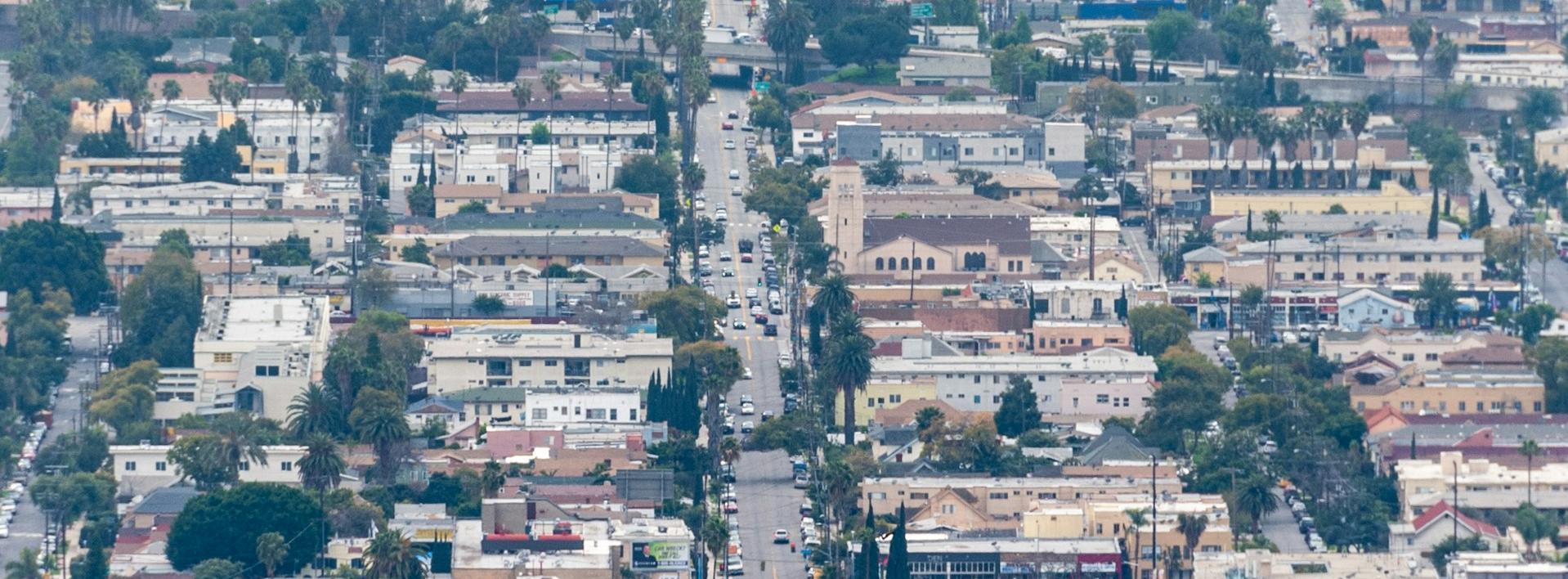 An aerial view of city buildings during day time in Los Angele, California