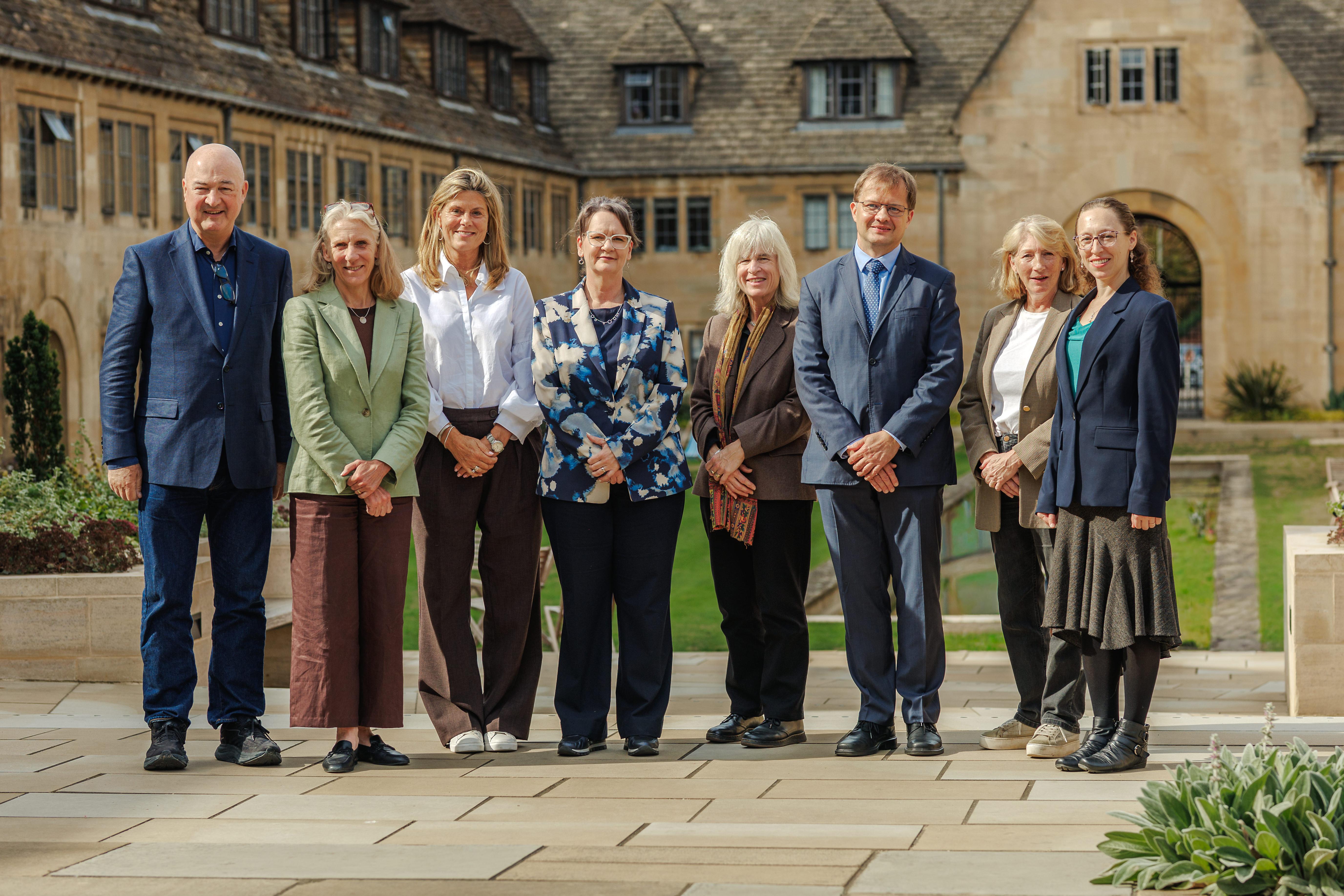 Left to right: Alan Jope CBE, Professor Dame Julia Black FBA (Nuffield College), Conny Braams, Professor Melinda Mills MBE (LCDS), Professor Anna Vignoles, Jakub Bijak (LCDS), Sue Garrard and Emily Nisbet, outside Nuffield College. Photography: Kevin Potter. 
