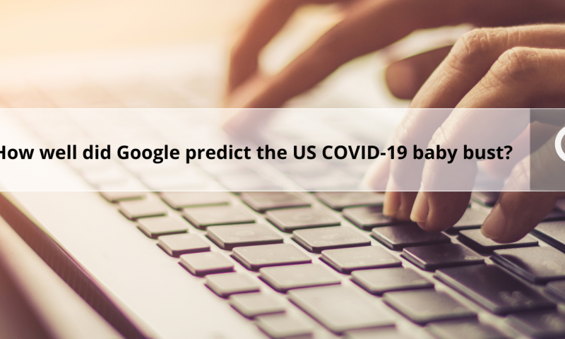 Someone typing on a laptop with a search bar in the middle with text on reading: How well did Google predict the US COVID-19 baby bust?