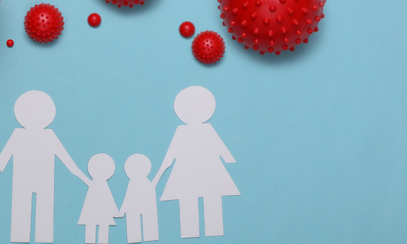 Paper cut-outs of a family on a turquoise background with red balls shaped like COVID-19 and text to one side: Lessons learned: Fertility and family dynamics during COVID-19