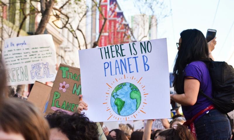 Climate protestors holding signs, including 'There is no planet B' and 'Green New Deal'