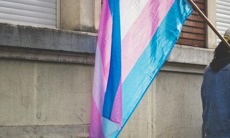 Individual carrying a transgender flag