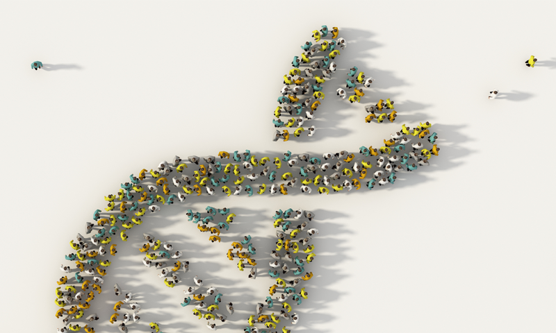 Large group of people forming DNA on white backgrounD