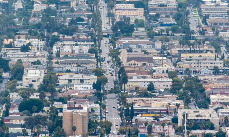 An aerial view of city buildings during day time in Los Angele, California