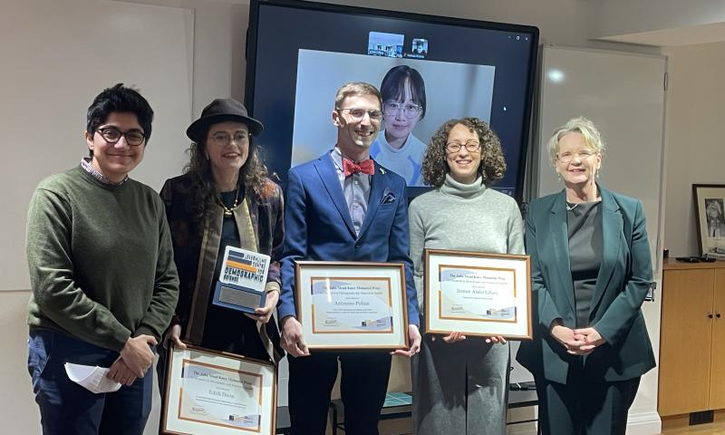 Award Ceremony pictured from left Jury Member Prof. Ridhi Kashyap, First Prize Winners Édith Darin and on screen Jiani Yan, Runners Up, Antonino Polizzi, Jasmin Abdel Ghany and Jury Member and Director LCDS, PhD supervisor Julia Mead Knox Prof. Melinda Mills
