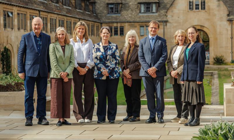 Left to right: Alan Jope CBE, Professor Dame Julia Black FBA (Nuffield College), Conny Braams, Professor Melinda Mills MBE (LCDS), Professor Anna Vignoles, Jakub Bijak (LCDS), Sue Garrard and Emily Nisbet, outside Nuffield College. Photography: Kevin Potter. 