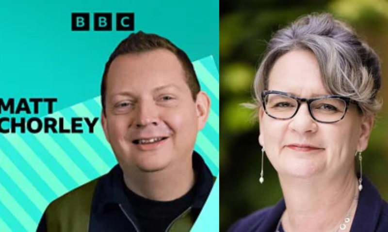 BBC Radio 5 Live with Matt Chorley and a picture of Melinda Mills.